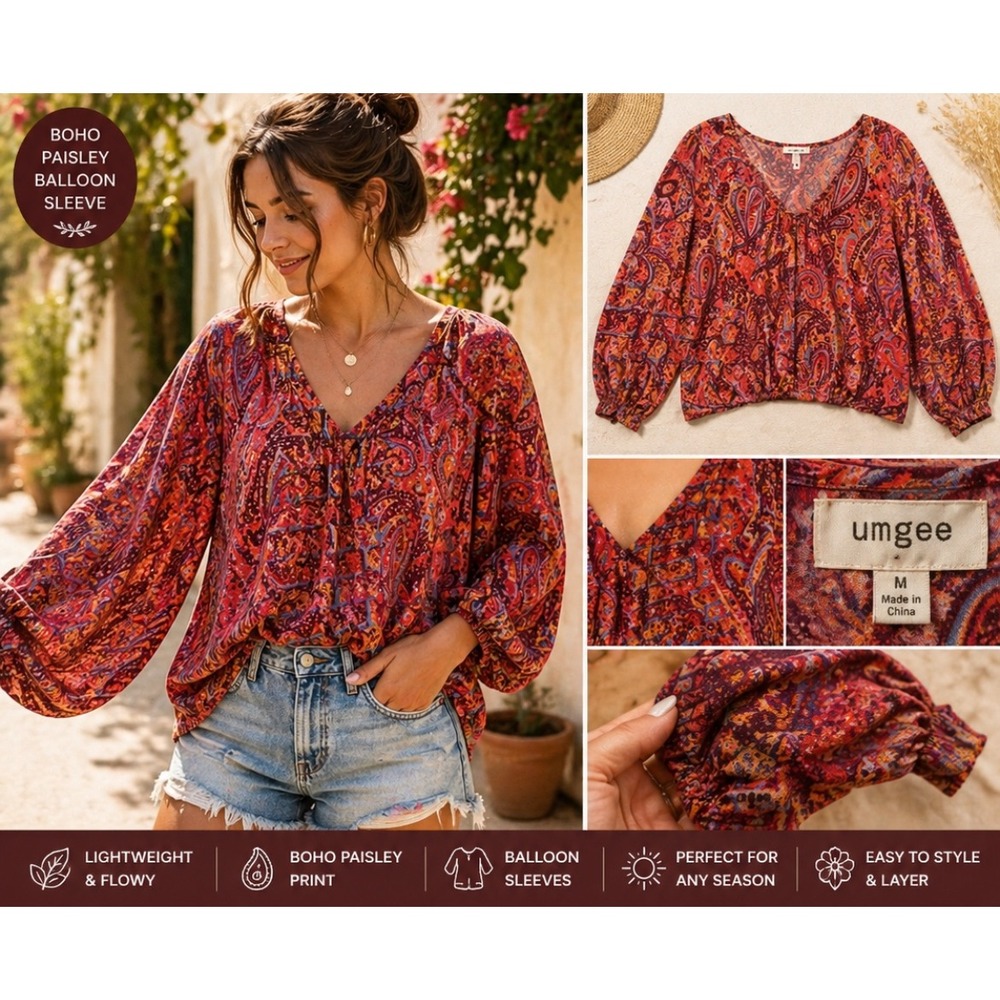 Umgee Boho Paisley Blouse | Balloon Sleeve‎ V-Neck Flow Top Medium
